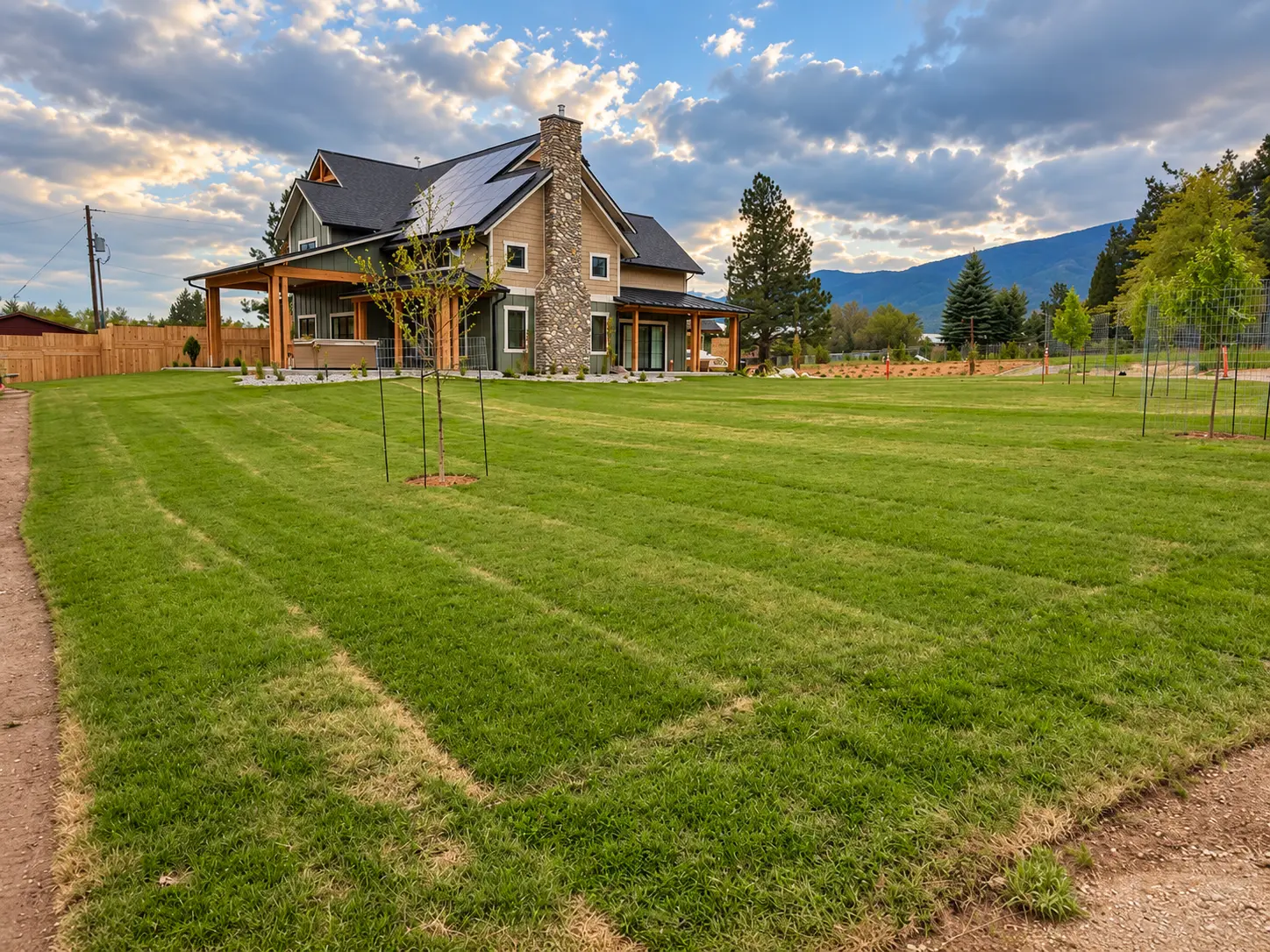 The lawn and exterior of Peaceful River beneath a Montana sky