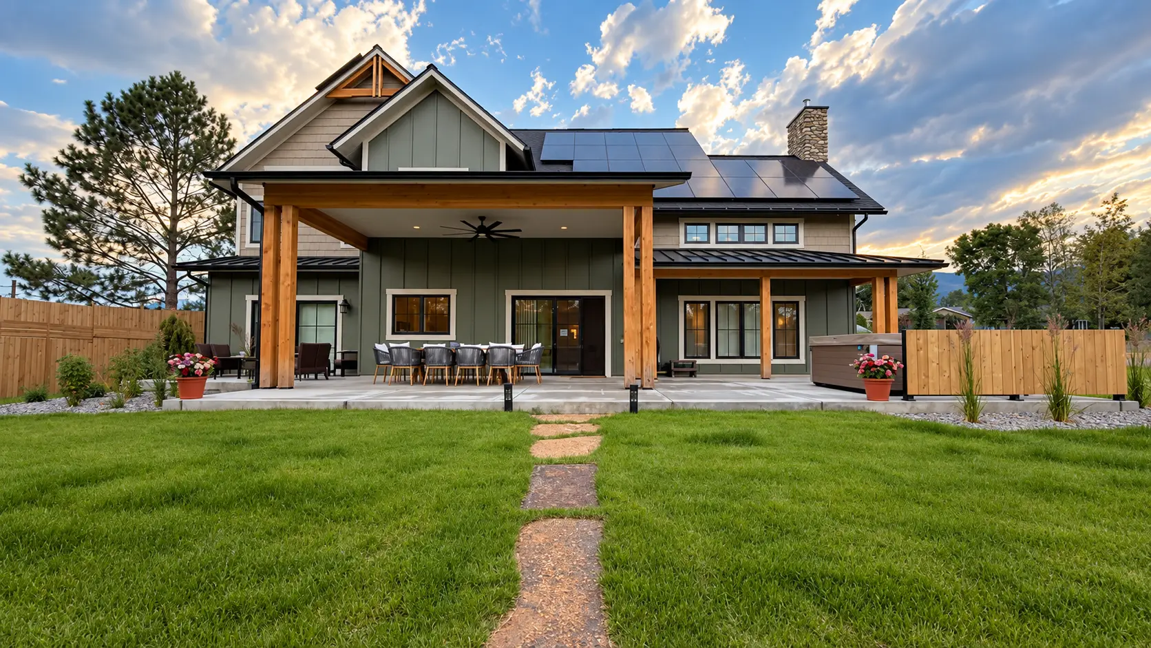 Covered patio and lawn at Peaceful River at dusk